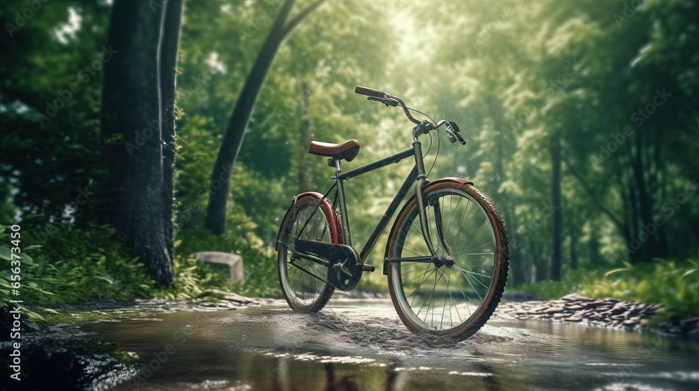 Bycicle in forest. Generative AI Bycicle in forest. Generative AI