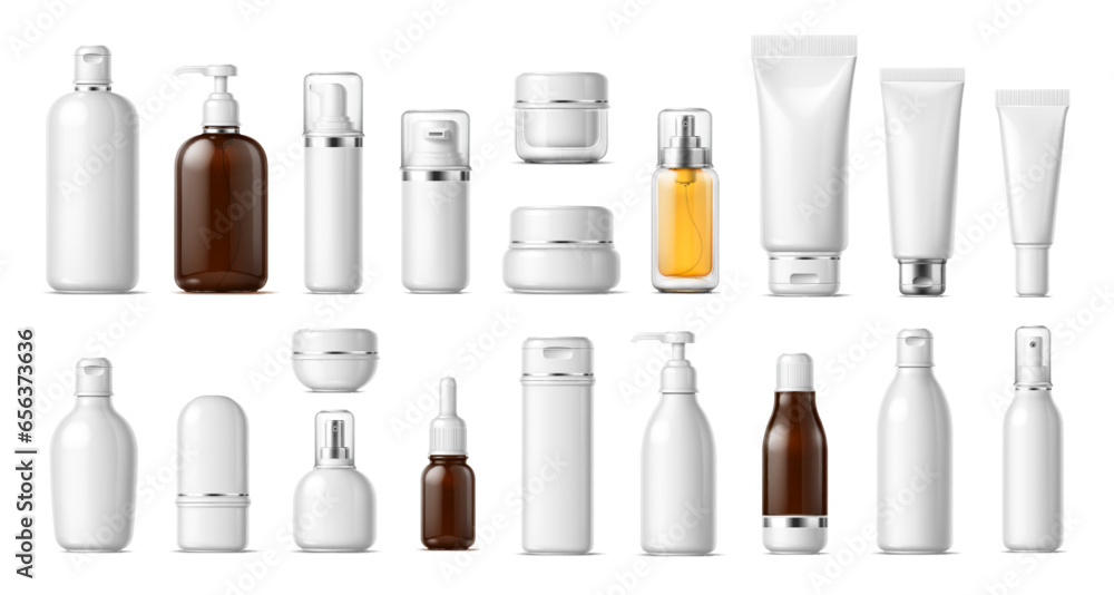 Realistic cosmetics product bottle, tube and plastic containers. Isolated 3d vector mockup of cosmetic products. Cream jar, spray, oil, lotion or shampoo, gel shower and liquid soap, antiperspirant - obrazy, fototapety, plakaty 