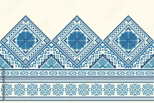 flower embroidery on cream background. ikat and cross stitch geometric seamless pattern ethnic oriental traditional. Aztec style illustration design for carpet, wallpaper, clothing, wrapping, batik.