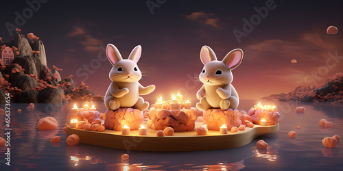 Happy mid autumn festival with cute 2 rabbit holding a lantern