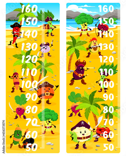 Kids height chart ruler with cartoon vegetable pirate or corsair characters, vector growth meter. Carrot captain with pirate broccoli and corsair spinach on treasure island in baby tall measure ruler