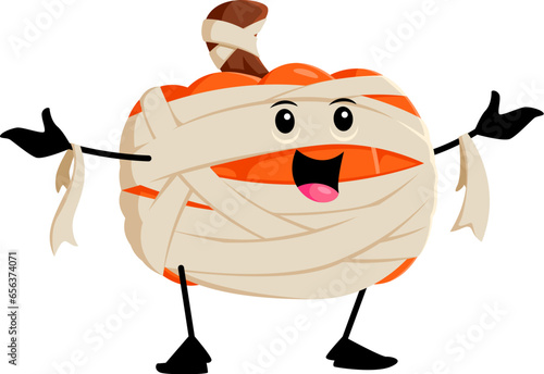 Cartoon Halloween pumpkin character wear playful mummy costume, wrapping itself in spooky bandages for the festive season. Isolated vector cheerful gourd personage ready to horrible party celebration