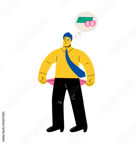 Unhappy business man show empty pockets. Bankruptcy concept. Flat vector illustration isolated on white background