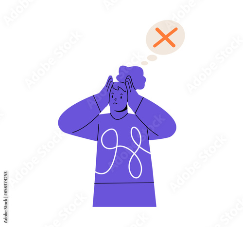 Pensive confused female with cross sign. Colorful vector illustration