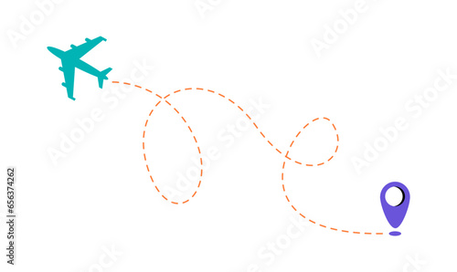 Airplane route vector icon of air plane flight path with start point and dotted line. Colorful vector illustration