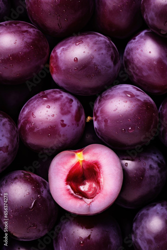 Bright texture of juicy fruits of cut and whole ripe plums