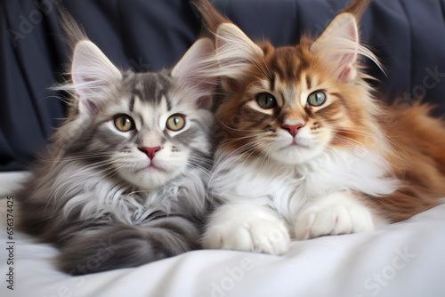 Two Maine Coon kittens lie on a blanket