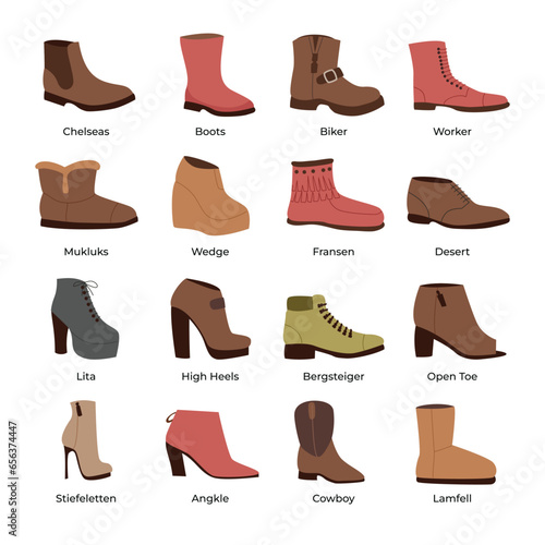 Type of Shoes footwear, modern shoes, boots, sneakers and clogs. Male and female fashion shoes, casual seasonal footwear vector symbols illustrations set Collection