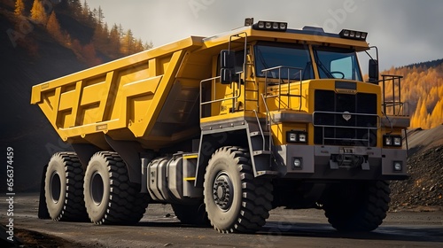 large dump truck for quarries. At the job site is a large yellow mining truck. Coal being loaded into a truck body. manufacture of valuable minerals 