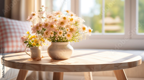 Flowers in a vase on a sunny light table