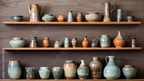 Lots of handmade clay pots on a shelf on the wall