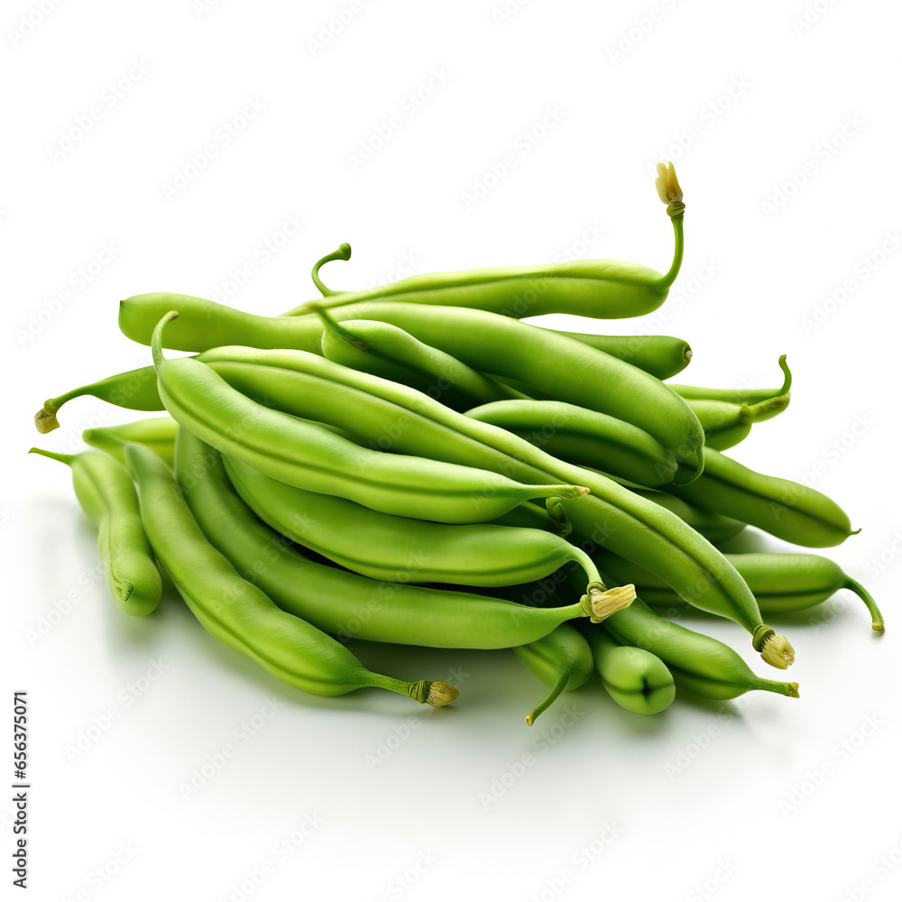 Green beans on white background. Generative AI Green beans on white background. Generative AI