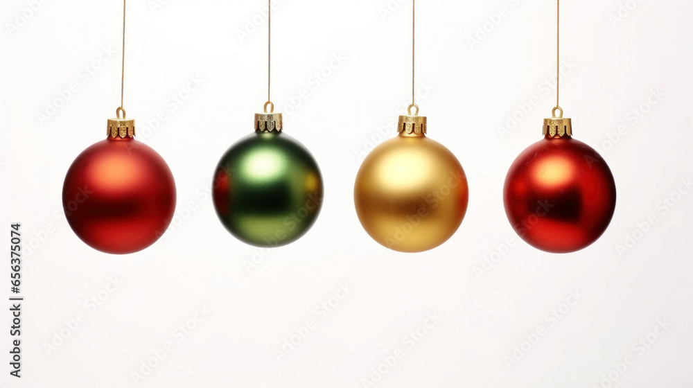 Four Christmas balls on a white background with space for a logo or text Four Christmas balls on a white background with space for a logo or text