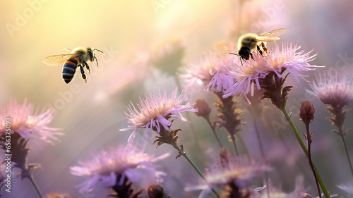 bees pollinate flowers in the morning fog of the last days of summer  landscape  silence and beauty of wildlife in early autumn