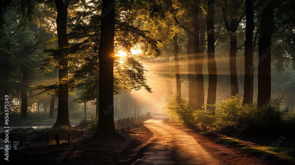 Fototapeta premium landscape morning in the autumn misty forest, the rays of sunlight at dawn shine through the fog in a panoramic view of the October park
