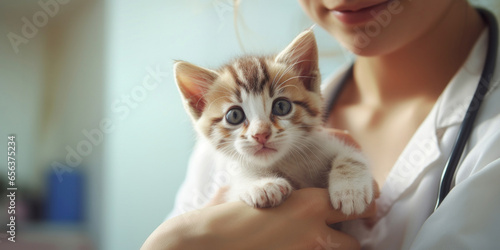 A veterinarian holds a cute little kitten in close-up