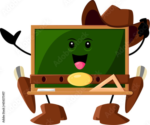 Cartoon blackboard school supply cowboy, ranger, sheriff and robber character. Isolated vector personage with a ten-gallon hat, boots, and guns, ready to wrangle knowledge on wild chalkboard frontier