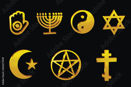 Set of golden religion symbol 3D icons, collection of gold religious symbol 3D