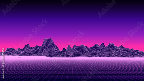 Retro fantastic background of the 80s. Vector mountain wireframe landscape with night sky. Futuristic neon scenery.