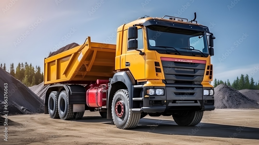 Large mining dump truck at the construction site. Powerful modern equipment for the delivery and transportation of bulk cargo. Construction site. Rental of construction equipment.