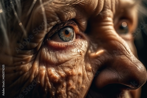 Extreme close up of old woman face with intense macro eyes and stare, face of stories wrinkles and adventures © MarijaBazarova
