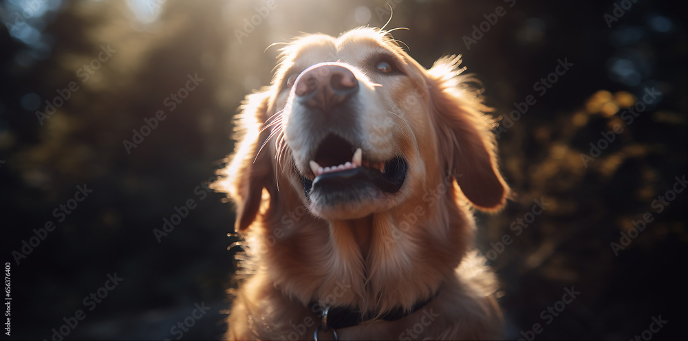 Portrait of golden retriever dog with tongue out in sunset light. Dog with a smile, very happy, face close-up.  Atmospheric blurred nature background, selective focus.
