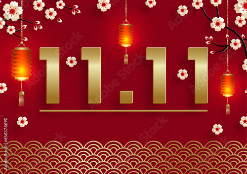 11.11 Chinese shopping day sale poster with gold paper cut art and craft style on color background