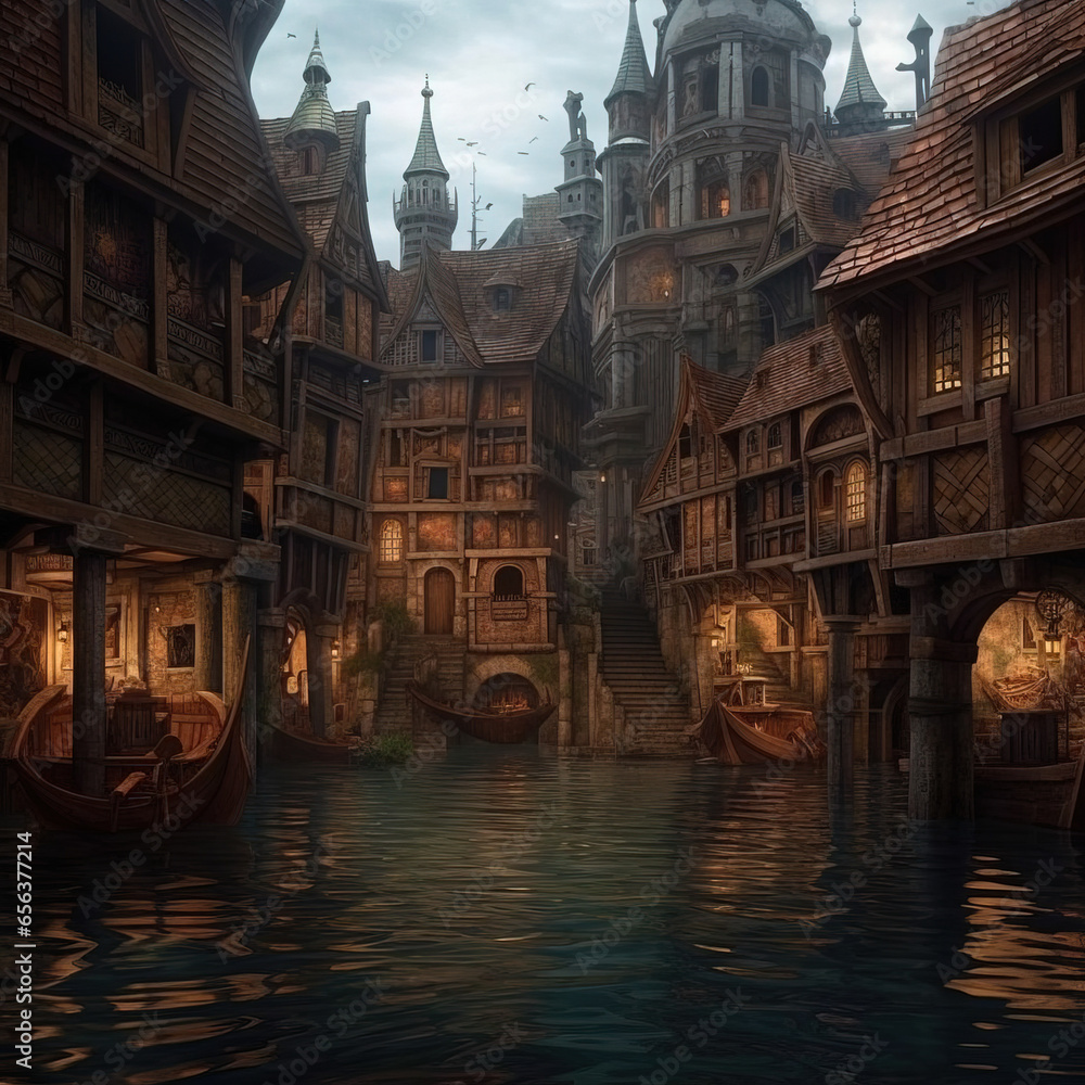 Medieval buildings on water. Generative AI