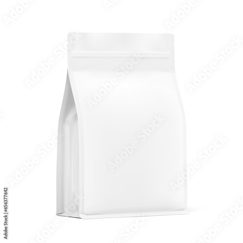 High realistic clean stand up pouch bag mockup. Vector illustration isolated on white background. Half side view. Can be use for template your design, presentation, promo, ad. EPS10.