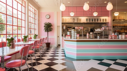 Retro ice cream shop interior. Old style ice cream parlor