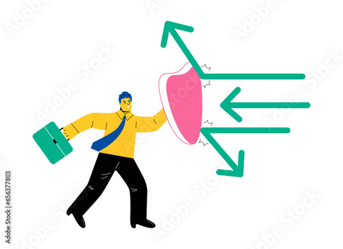 Business man holds a shield defending from attacks. Flat vector illustration isolated on white background