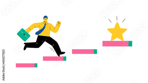 Business man run upstairs pursue career goal or work success. new opportunities. Accomplishment and progress. Flat vector illustration isolated on white background