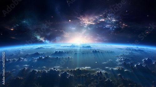 Sunlight ascending over earth: a breathtaking view of the planet and the outer space © hassan