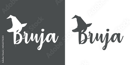 Logo con silueta de sombrero de bruja con letras palabra manuscrita Bruja en español para su uso en invitaciones y tarjetas de Halloween