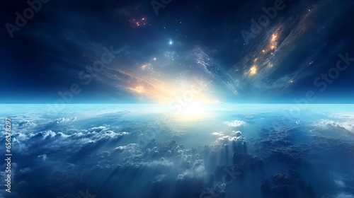 Sunlight ascending over earth  a breathtaking view of the planet and the outer space