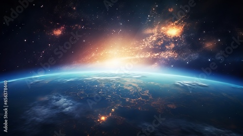 Sunlight ascending over earth: a breathtaking view of the planet and the outer space photo