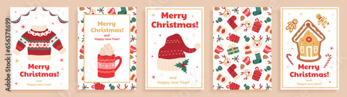 Set of Christmas holiday posters with cute drawings of the Christmas symbols, decorative socks, cacao mug, gingerbread house and candy canes. Vector prints, postcards, banners.