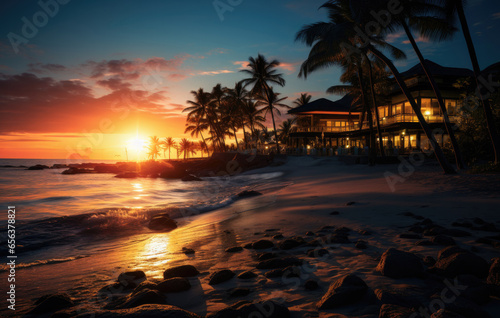 palm trees and house in the beach at the sunset