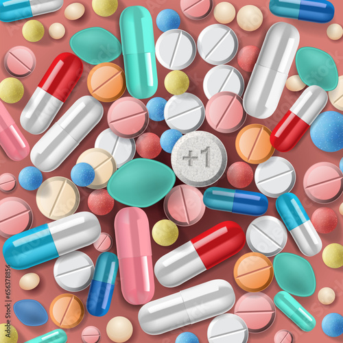 Creative pattern of colorful pills and capsules. Minimal medical concept. Pharmaceutical. Flat lay, top view
