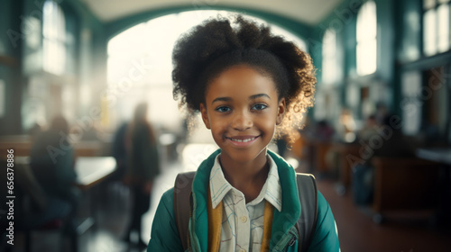 Happy cute African American smart girl with a curly afro hairstyle in school corridor. photo