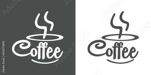 Logo cafetería. Letras palabra coffee en texto manuscrito con forma de taza de café con humo