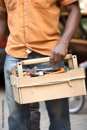 cropped shot of a man carrying a box of tools
