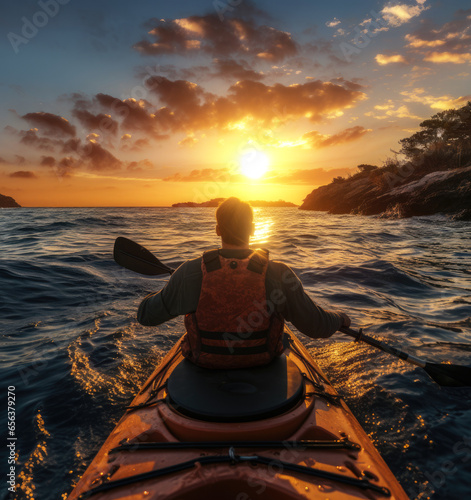 man is paddling a kayak in the water at sunset © hakule