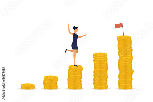 Investment in money growth, prosperity or earnings and stock profitability concept, happy businesswoman investor jumping on stack of compound money growth coins. Illustration