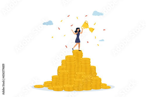 Achieving financial freedom, money achievements or making a profit, savings or investment goals concept, successful business woman holding winner's cup on top of money coins. Illustration