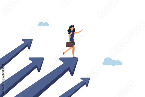 Motivation for improvement concept, company success moving forward, growth towards progress, confident businesswoman standing on growing arrows pointing to the sky the next goal.