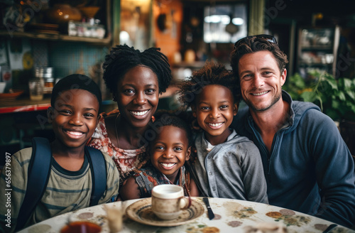 White and African families sitting together in a family diner