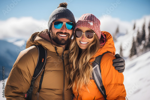 Happy young stylish couple, man and woman, in the snowy mountains during winter sunny day