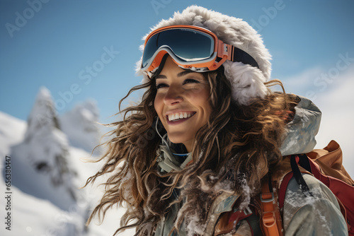Happy young stylish woman in the snowy mountains during winter sunny day. Lifestyle explorer and adventure concept © Marcos