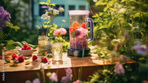Blender with strawberries and flowers in the garden. Selective focus.